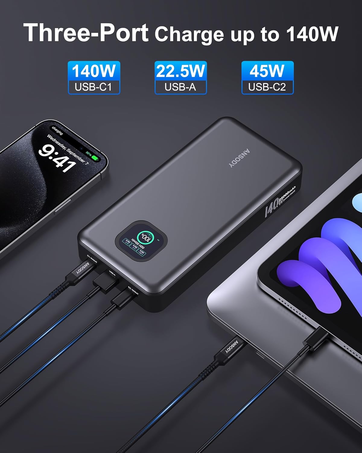 140W Power Bank, 25000mAh Laptop Portable Charger with Smart Digital Display, PD3.1 Fast Charging Battery Pack for MacBook Dell XPS iPad Tablet Steam Deck iPhone 17-12 Series Samsung Switch and More - Image 3