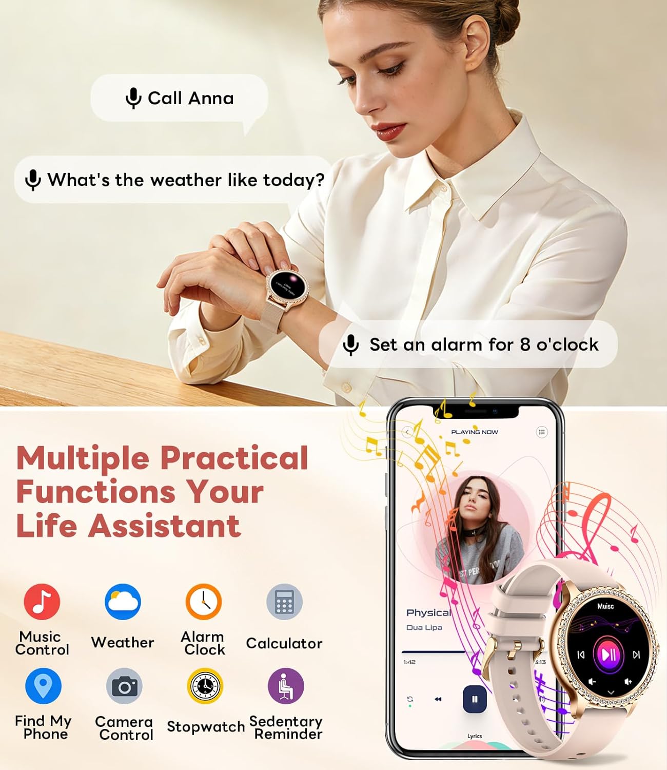 Smart Watch for Women Diamond, Bluetooth Calls, 1.32-inch HD Screen Round Fitness Tracker with Menstrual Cycle/Sleep/Heart Rate Monitor, 100+ Sports Mode, Android/iOS Phone, Rose Gold - Image 3