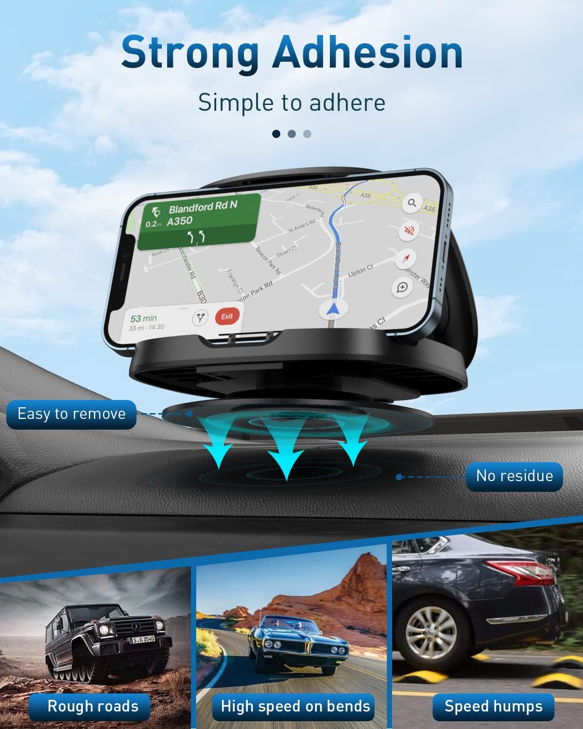 Phone Mount for Car, 360° Rotatable Dashboard Horizontal & Vertical Viewing Cell Phone Holder, Washable Reusable Car Phone Mount, for iPhone Samsung & Smartphones - Image 3