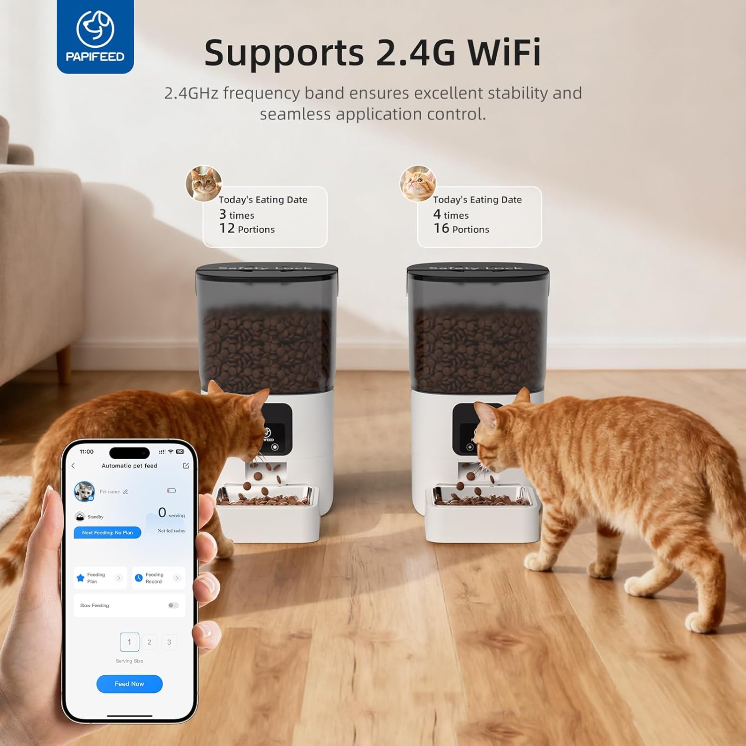 PAPIFEED Automatic Cat Feeder with App, 2.4G WiFi Cat Food Dispenser, 6L Timed Cat Feeder for Dry Food, 10 Meals/Day, 12 Portions/Meal, Dual Power Supply Smart Pet Feeder for Dog, White - Image 5