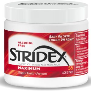Stridex Medicated Acne Pads, Maximum, 55 Count – Facial Cleansing Wipes, Alcohol Free, Acne Treatment for Face, For Moderate Acne, Smooth Application