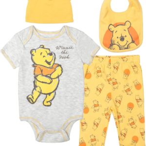 Disney Winnie the Pooh Baby 4-Piece Bodysuit Pants Bib and Hat Set Newborn to Infant