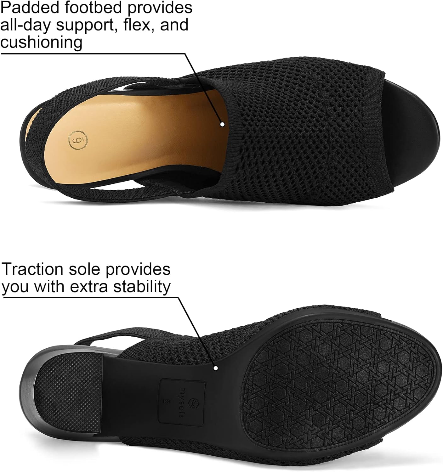 mysoft Women's Knit Chunky Block High Heels Elastic Slingback Open Toe 3 Inch Heeled Sandals - Image 4
