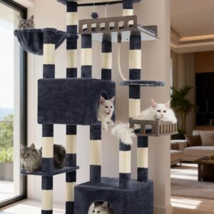 Gitelsnour Maine Coon Cat Tree, Heavy Duty Cat Tree for Indoor Cats Large Adult, Cat Tower for Large Cats 20 lbs+ with Hammock, 2 Big Perches, 2 Cat Condos, 15 Scratching Posts, Smoky Gray GCT033G