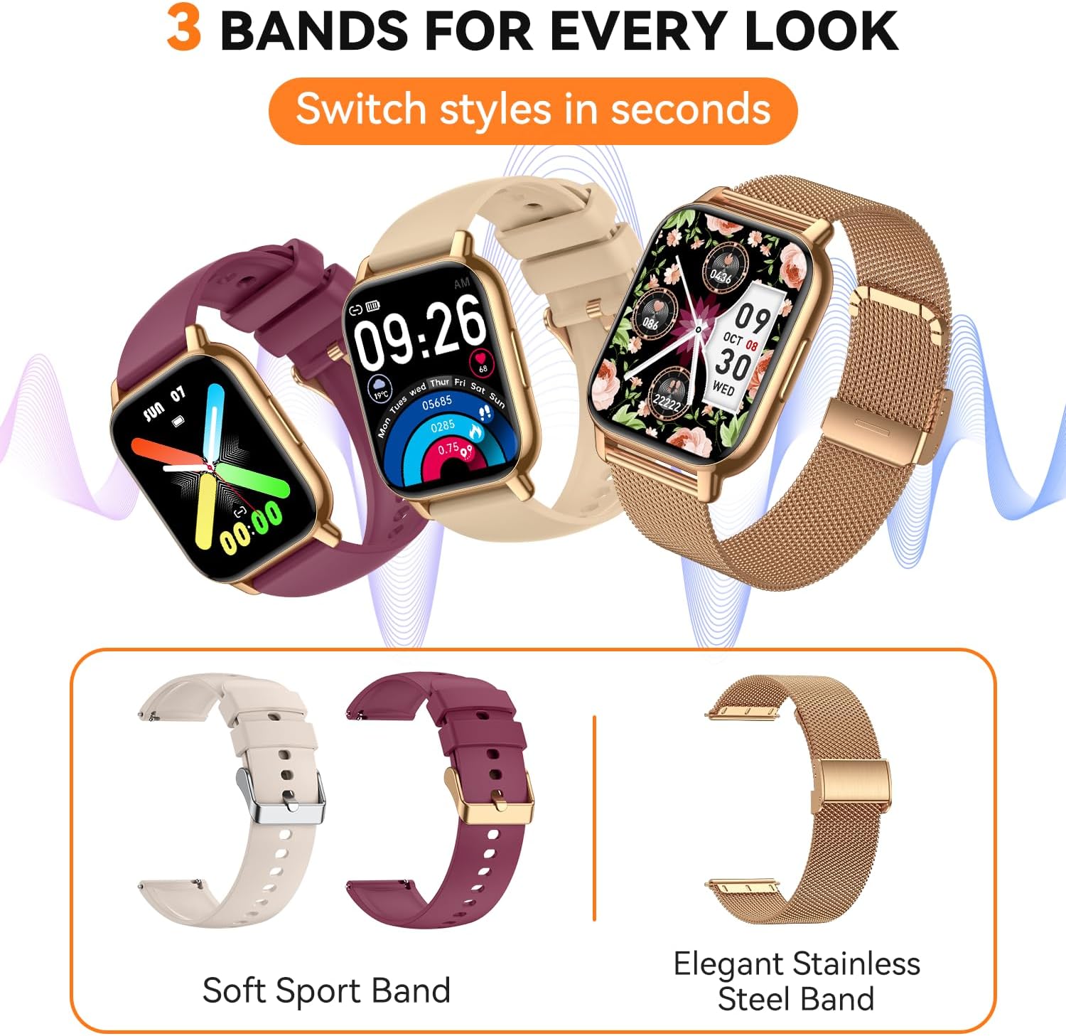 Smart Watch for Women(3 Bands), Smartwatch Fitness Tracker with Bluetooth Calls & AI Voice Control, 1.85’’ HD Screen, Heart Rate/SpO2 Monitor, Sleep Tracker, Compatible with Android iOS (Gold) - Image 7