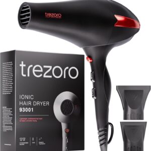 TREZORO Professional Hair Dryer, Ionic Ceramic Tourmaline Technology, 2000W Fast Quiet Drying, with Narrow & Wide Concentrator Nozzles, 3 Heat & 2 Speed Settings, Cool Shot Button, Black