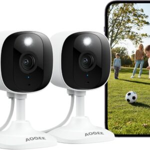 AOQEE 2K Cameras for Home Security-Outdoor/Indoor Camera for Dog/Cat/Pet/Nanny/Baby/Elderly, Color Night Vision, White Light, Siren, 24/7 SD Recordings, Works with Alexa, Plug in (C1-White-2pack-2.4G)