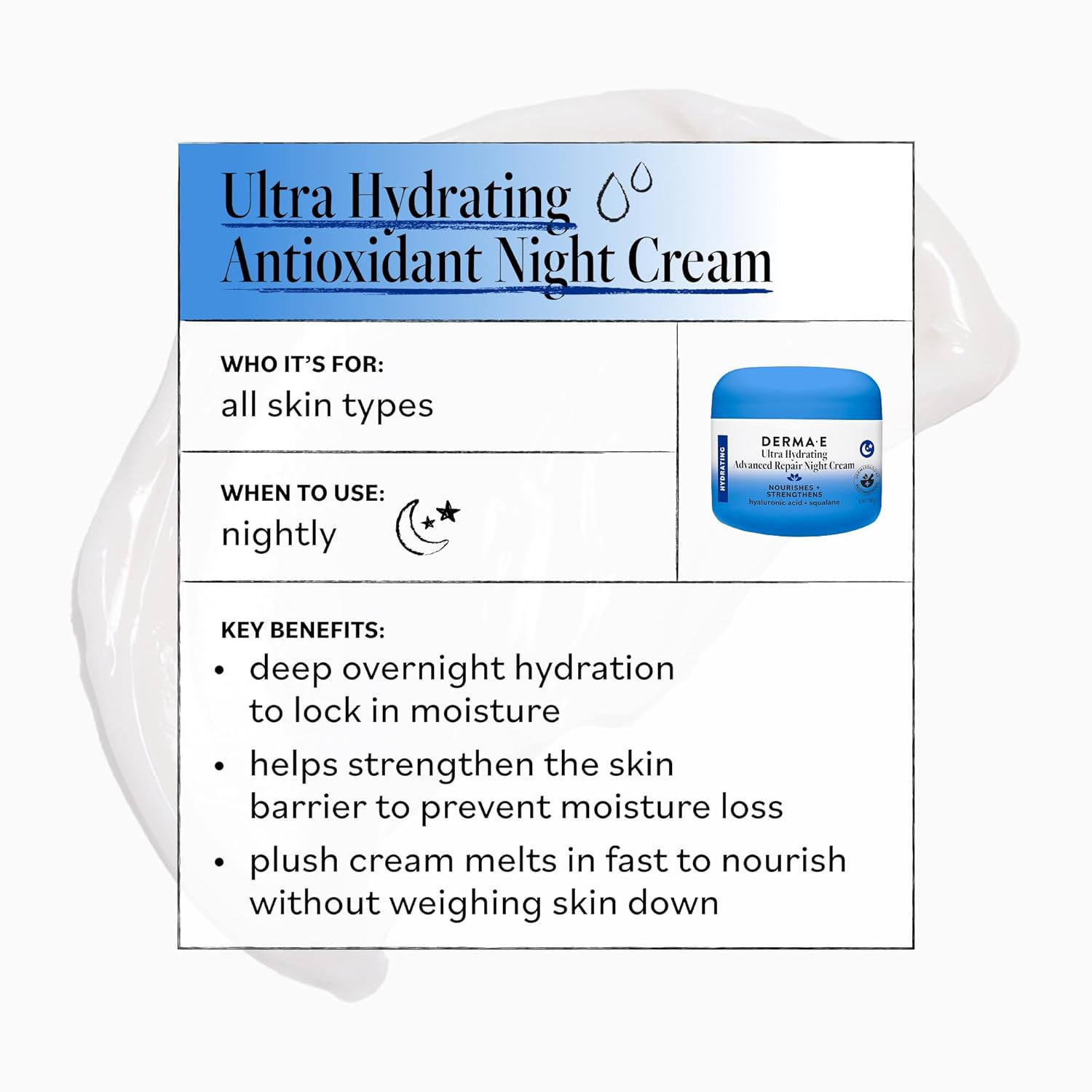 Derma E Ultra Hydrating Night Cream, Advanced Repair Overnight Face Moisturizer with Hyaluronic Acid to Replenish, Smooth and Nourish Skin, 2 oz - Image 5