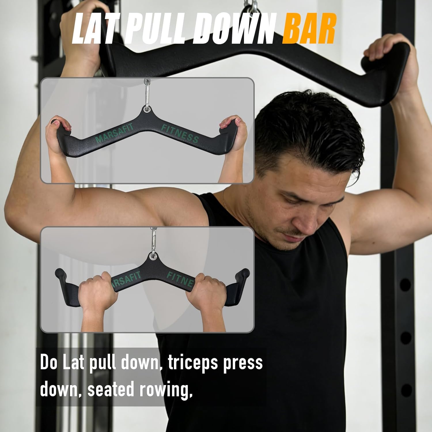 MARSAFIT Home Gym Fitness Rowing T-bar V-bar Pulley Cable Machine Attachment, Bicep Curl Tricep LAT pulldown Bar Back Strength Training Handle Grips LAT Pull Down Bar for Seat Row Workout - Image 4
