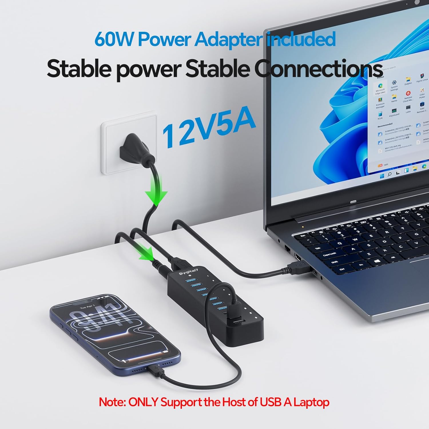 USB 3.0 Hub, 10Ports USB-Hub with 7 USB-3.0 & 3 BC1.2 Ports, Multi USB 60W Data Hub Compatible for USB A Laptops, PC, All USB Devices, Mobile and HDD, USB 3.1 Splitter - Image 5