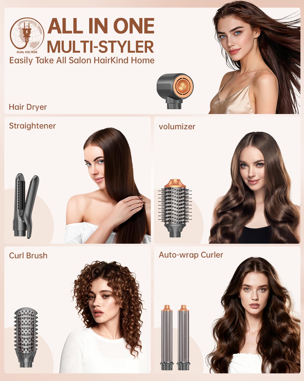 Hair Dryer Brush Air Styler: Dual Voltage 7 in 1 Ionic Multi Styling Tools with Hot Air Straightener, Auto Wrap Curlers, Frizz-Free Volumizer, Fast Blow Drying Curling Straightening and Smoothing - Image 2