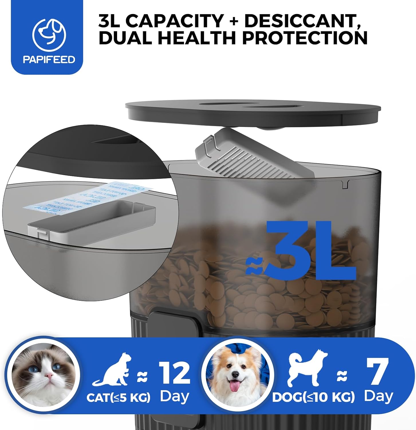PAPIFEED Automatic Cat Feeder with App, 2.4G WiFi Cat Food Dispenser, 3L Slow Feeder Timed Cat Feeders for Dry Food, 10 Meals/Day, 6 Portions/Meal, Dual Power Supply Smart Pet Feeder for Small Dog - Image 7