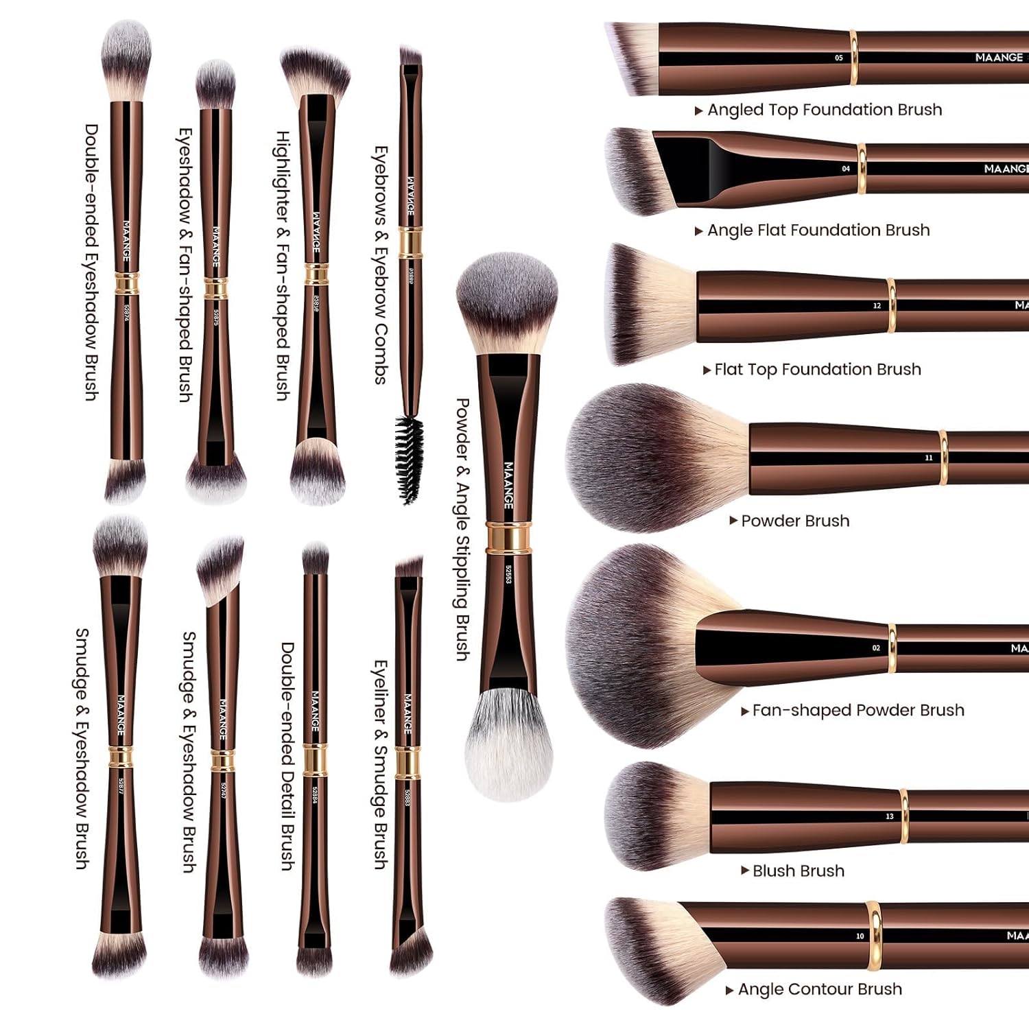 MAANGE Makeup Brushes 16Pcs Professional Foundation Powder Blush Contour Eyeshadows Double-End Makeup Brushes Set with Bag and Gift Box-CoffeeBrown - Image 4