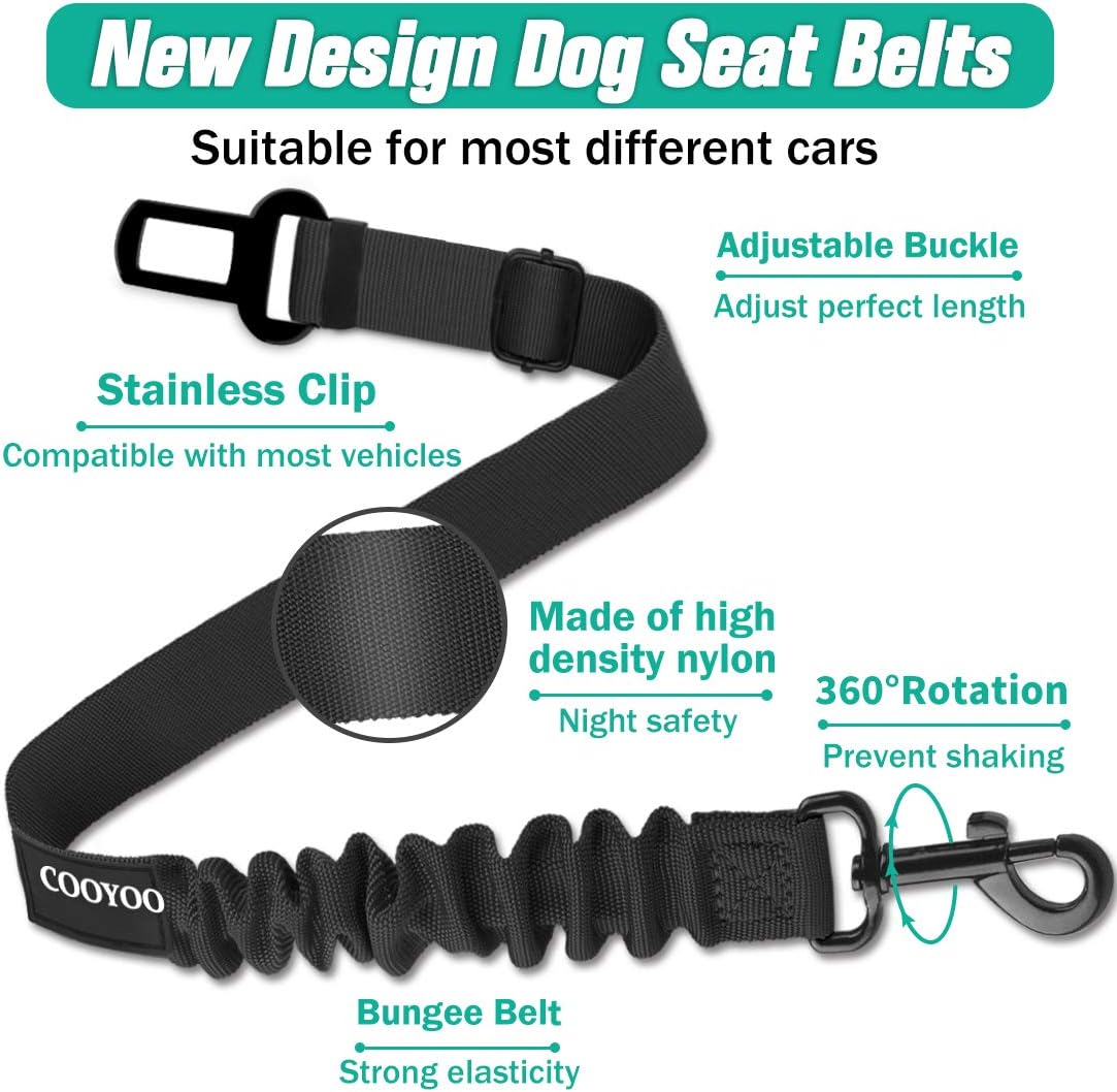 COOYOO Dog Seat Belt, Durability Retractable Dog Car Harness Adjustable Dog Seat Belt for Vehicle Nylon Pet Safety Seat Belts Heavy Duty & Elastic (1 Pack Black) - Image 2