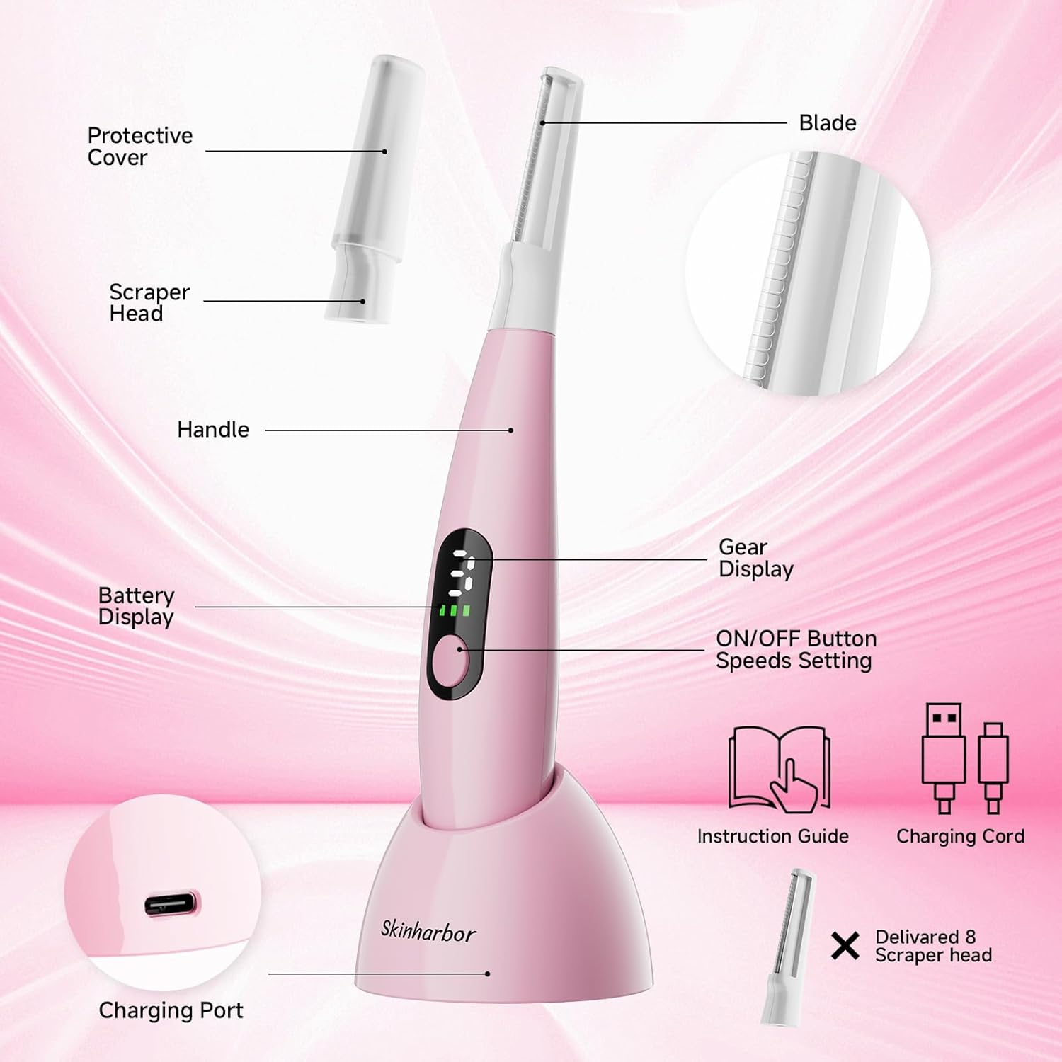 Sonic Dermaplane Razor for Women Face,Women’S Facial Exfoliation & Peach Fuzz Hair Removal System,Anti-Aging–3 Speeds–8 Dermaplaning Blades–Rechargeable,Sonic Dermaplaning Tool - Image 5