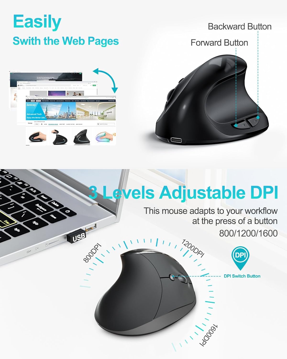Lekvey Ergonomic Mouse, Vertical Wireless Mouse for Small/Medium Hands, Rechargeable with USB Receiver, 3 DPI for Comfort, Relieves Wrist Pain, Carpal Tunnel Mouse for Laptop, PC, Computer, Mac, Black - Image 5