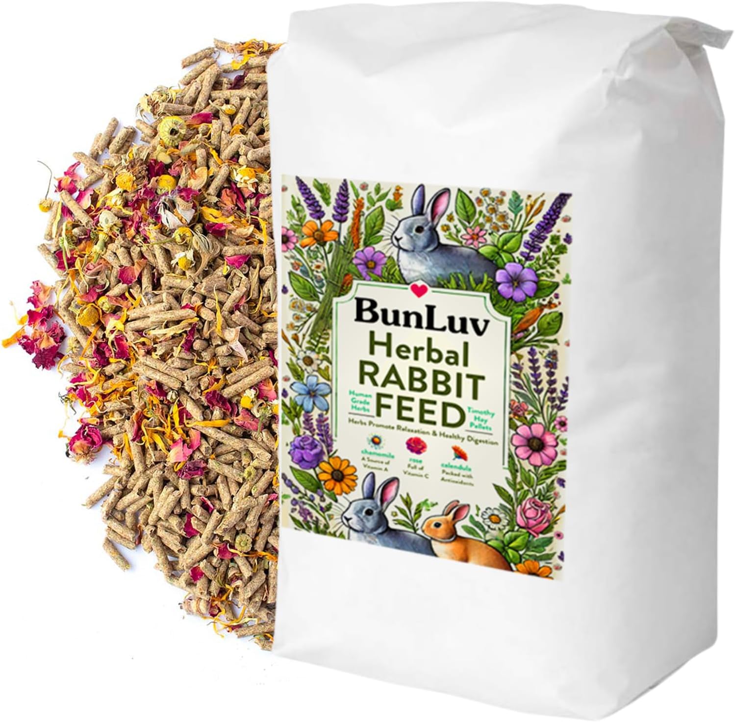 Pampered Chicken Mama Premium Herbal Rabbit Feed (12 pounds): Calendula Flowers, Chamomile, Rose Petals, & Timothy Hay Rabbit Food (12 pounds)