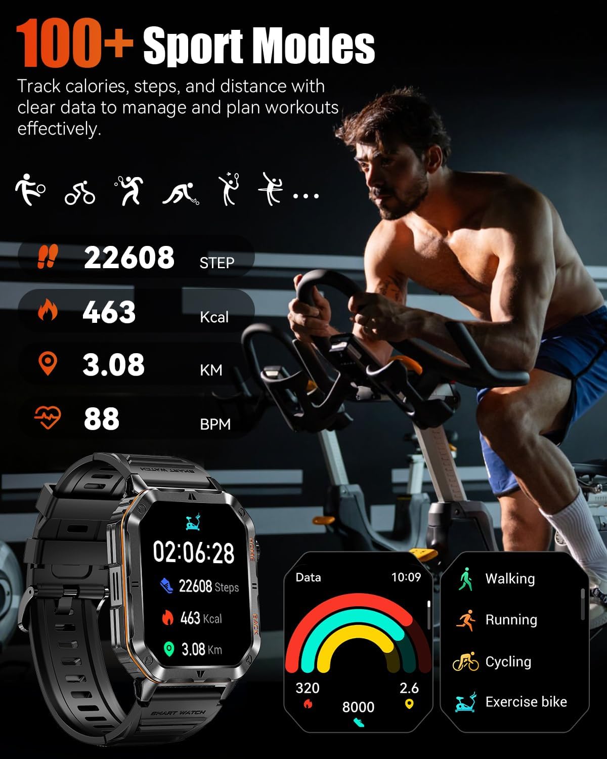 Military Smart Watch for Men, 2.01'' Fitness Tracker with 1200mAh Long Battery Life, Bluetooth Calls, Flashlight, IP68 Waterproof, Heart Rate/Sleep Tracking, 100+ Sports Modes for Android iPhone - Image 4