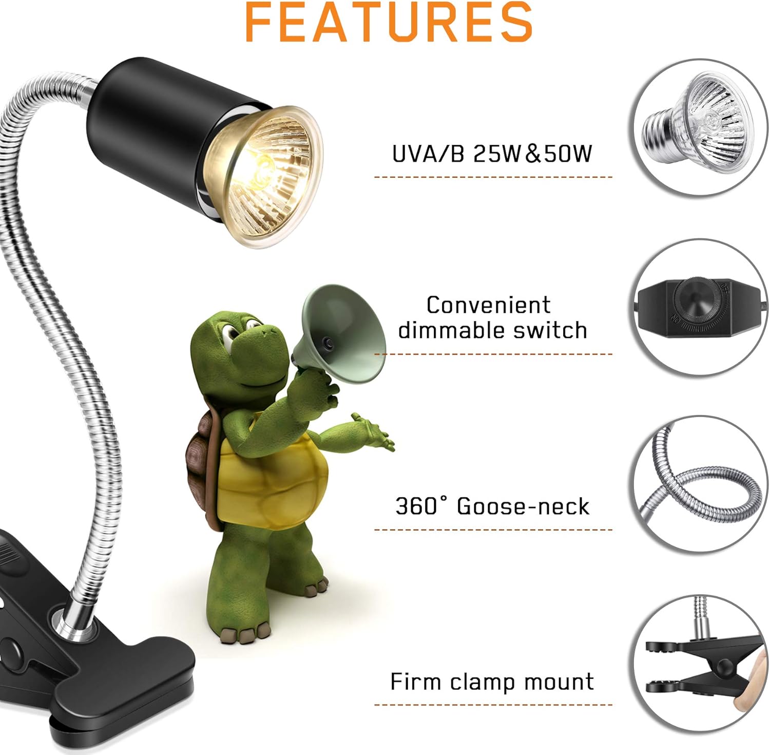Reptile Heat Lamp,Heating Lamp with Clamp, Adjustable Habitat Basking Heat Lamp,UVA/UVB Light Lamp 360° Rotatable Clip and Dimmable Switch for Aquarium(Bulb Included) (E27,110V) - Image 3