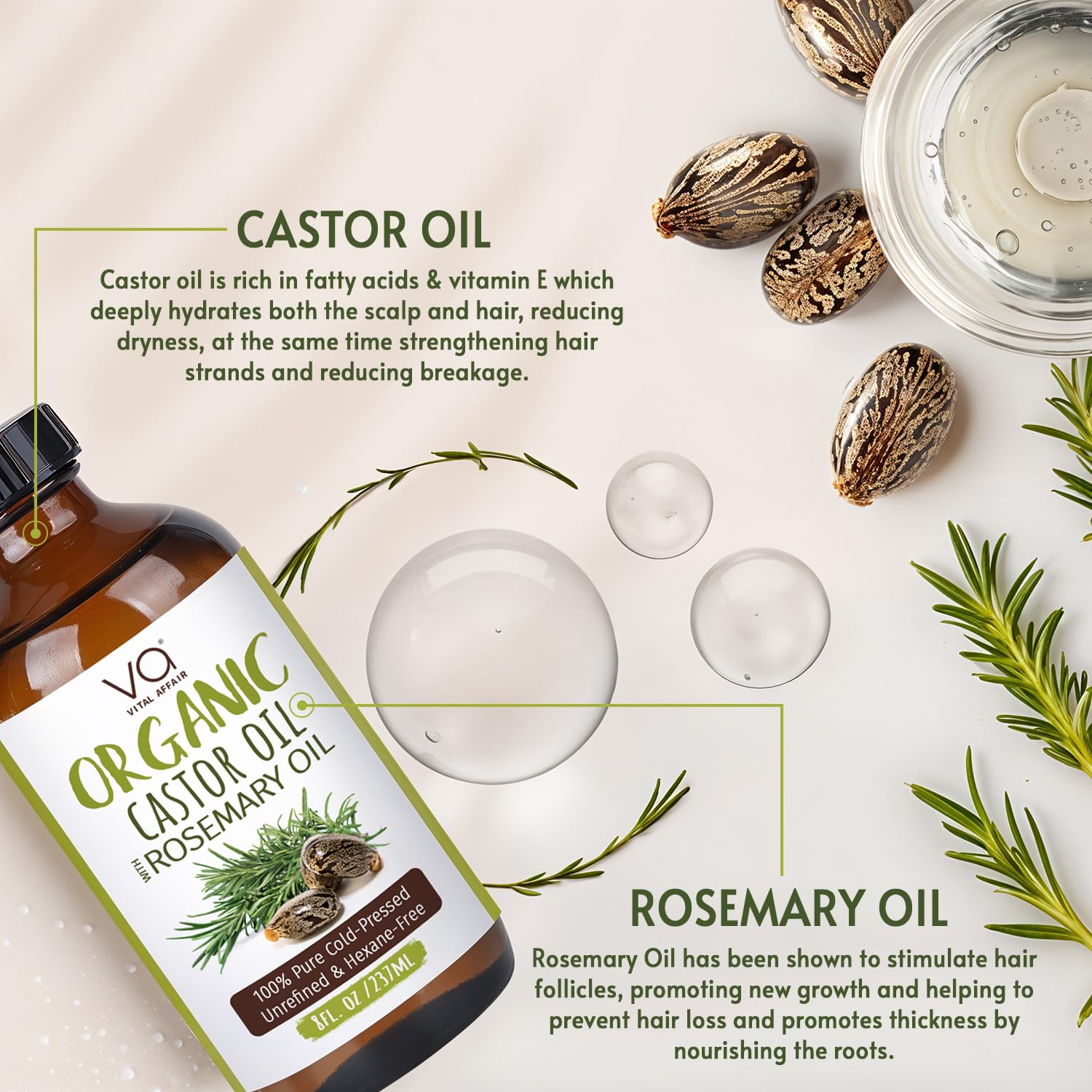VITAL AFFAIR Organic Castor Oil With Rosemary Oil For Hair Growth - 100% Pure Rosemary Hair Oil With Pure Castor Oil Cold Pressed Unrefined Glass Bottle - Strengthening & Volumizing 8 Fl Oz - Image 4