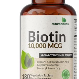 Futurebiotics Biotin 10,000 MCG High Potency Tablets Supports Healthy Hair, Skin & Nails & Energy Production, Non-GMO, 180 Vegetarian Tablets