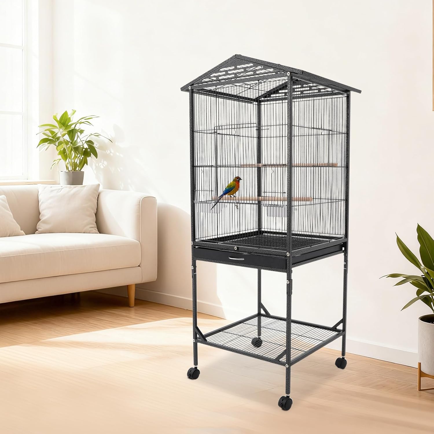 Extra Large Bird Cage, 49Inch Wrought Iron Bird Cage 360° Full Hollow Design with Universal Wheels for Parakeets Canaries Cockatiels Lovebirds 18.11×18.11×49.21 Inch (Black) - Image 4