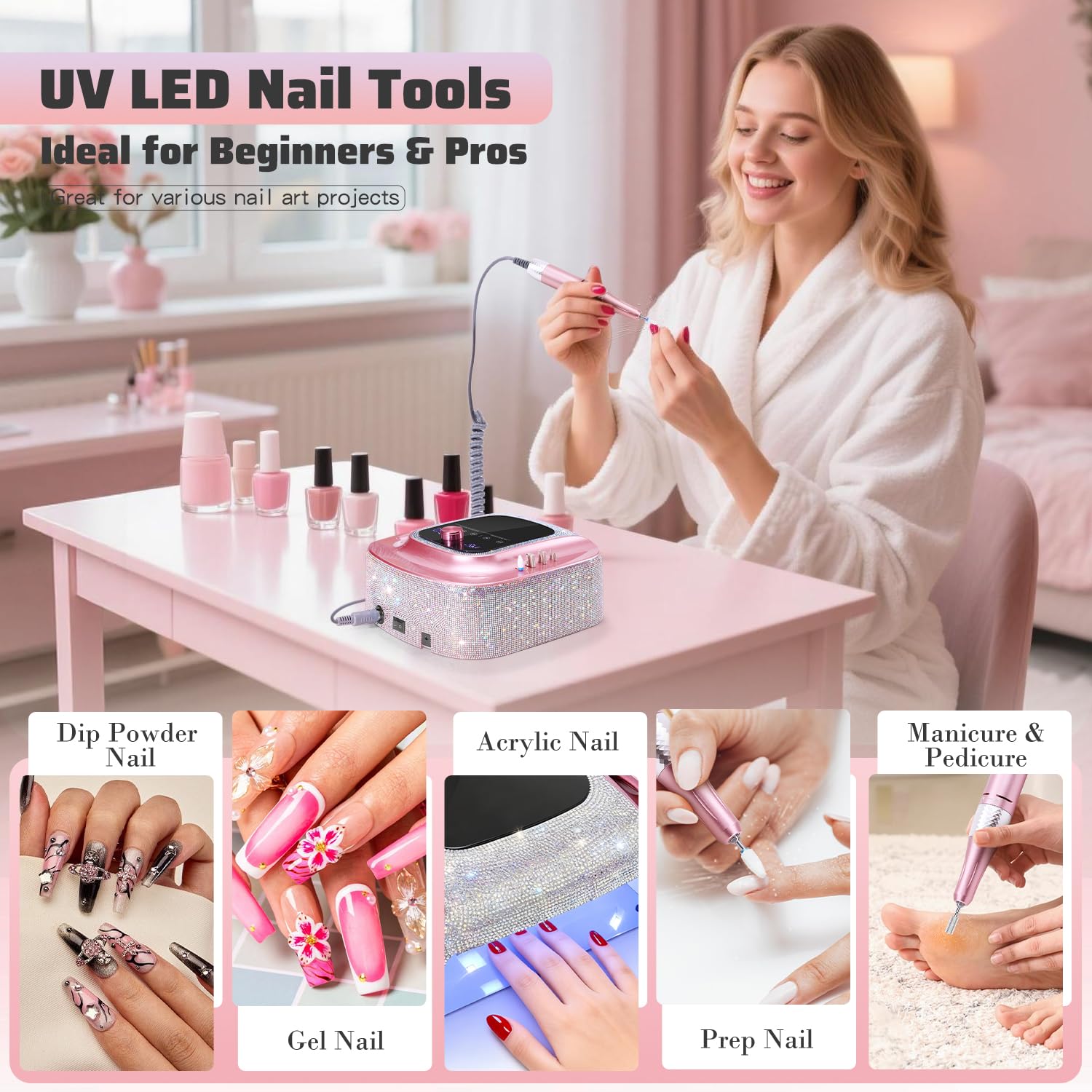 2-in-1 Rechargeable Cordless UV LED Nail Lamp & Electric Nail Drill Kit with Auto Sensor, LCD Display,45000 RPM Professional Gel Nail Dryer Machine for Home Salon Use & Training Nail Art Practice - Image 3