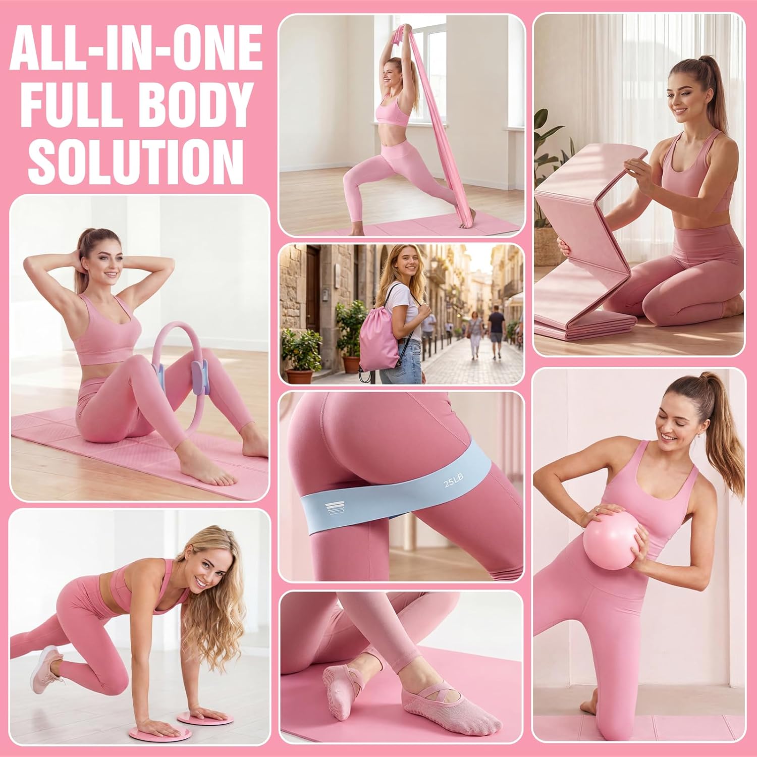 Pilates Kit with Foldable Pilates Mat,Portable Home Pilates Kit Workout,Lightweight Pilates Set for Travel & Small Spaces,14.5" Pilates Ring and Ball,Resistance Bands & Core Sliders,Gift for Mom,Pink - Image 2