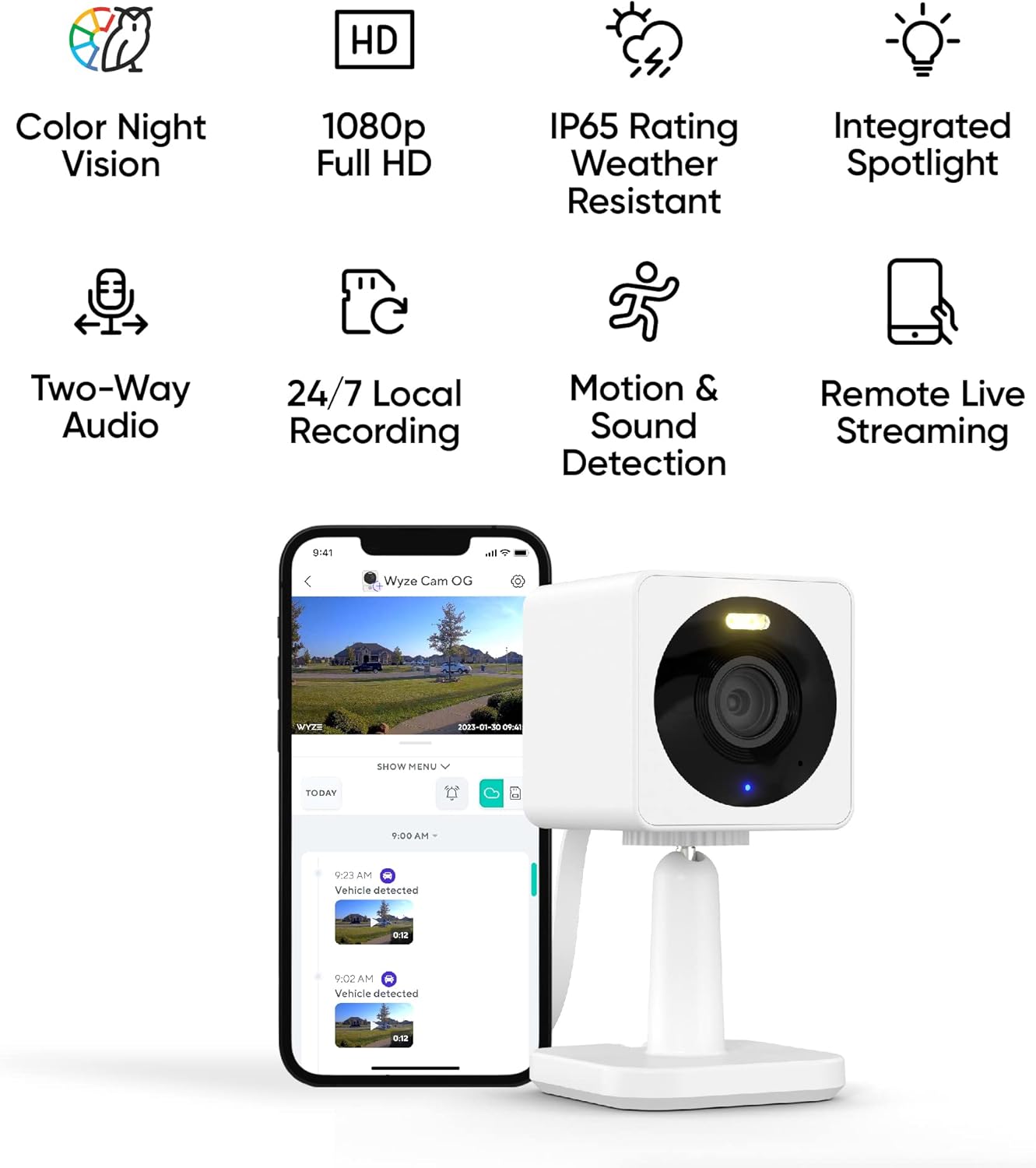 WYZE Cam OG Indoor/Outdoor 1080p Wi-Fi Smart Home Security Camera with Color Night Vision, Wired, Motion Detection, 2-Way Audio, Compatible with Alexa & Google, White (2-Pack), Free Expert Setup - Image 2