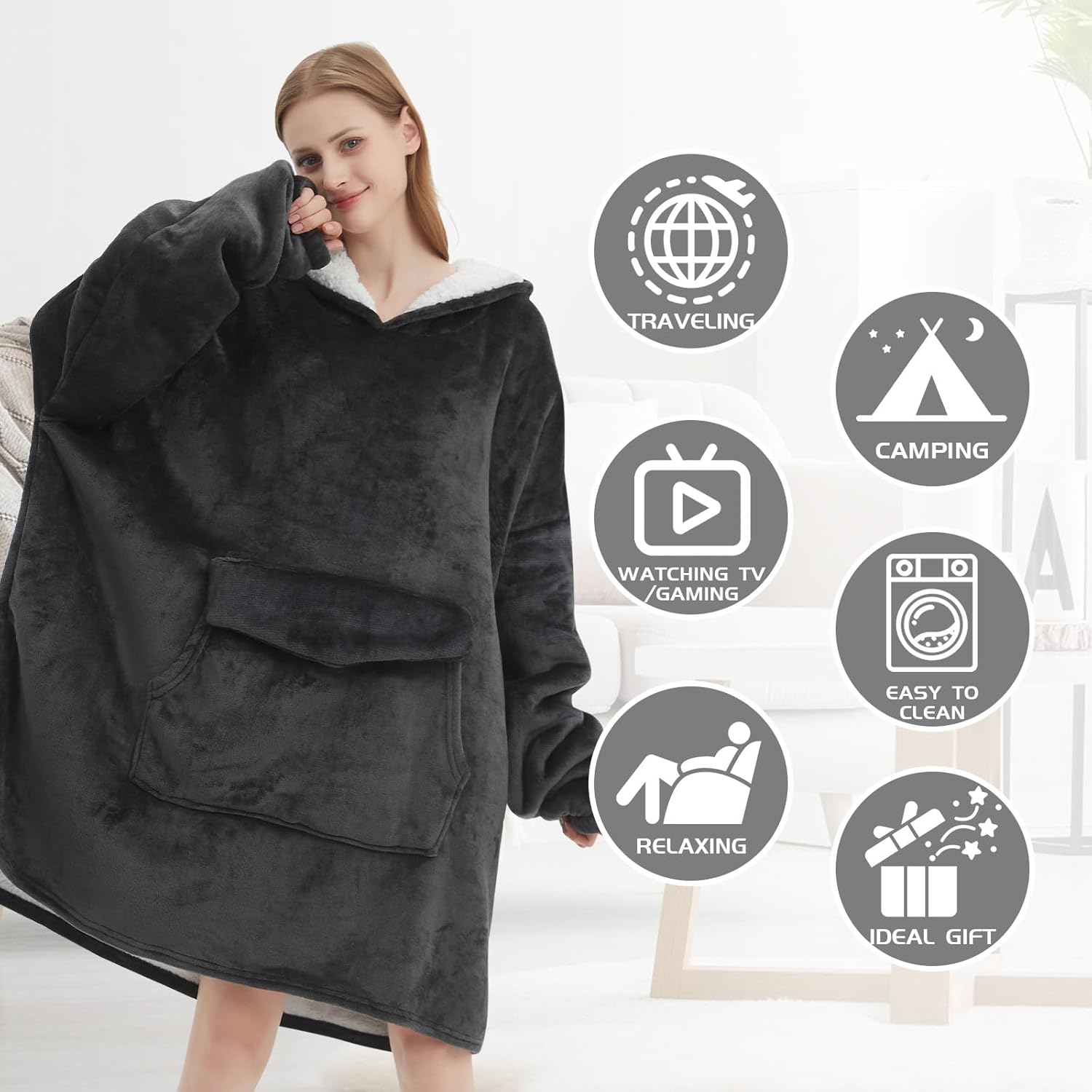 Mewkou Wearable Blanket Hoodie for Adult,Oversized Sherpa Fleece Blanket Hoodie for Women Men,Grey - Image 2