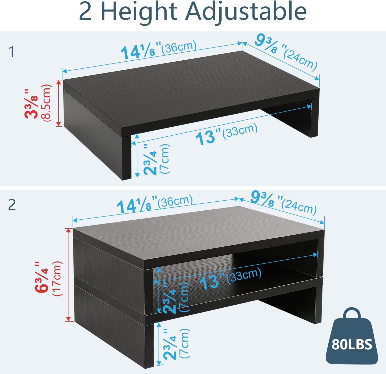 TEAMIX Wood Monitor Stand Riser-2 Pack, 2 Tier Adjustable Monitor Stand Dual Monitor Riser for 2 Monitors/Laptop/PC Black Computer Stand for Desk - Image 5