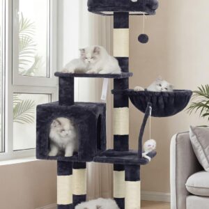 Heybly Cat Tree with Toy, Cat Tower Condo for Indoor Cats, Cat House with Padded Plush Perch, Cozy Hammock and Sisal Scratching Posts, Smoky Gray HCT004SG
