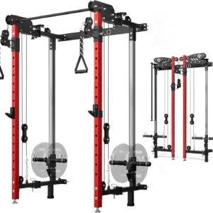 Mikolo Folding Squat Rack, Wall Mounted Power Rack with Cable Crossover Machine & LAT Pull Down, Functional Trainer with 5 Adjustable Function Modes, for Home Gym and Space Saving