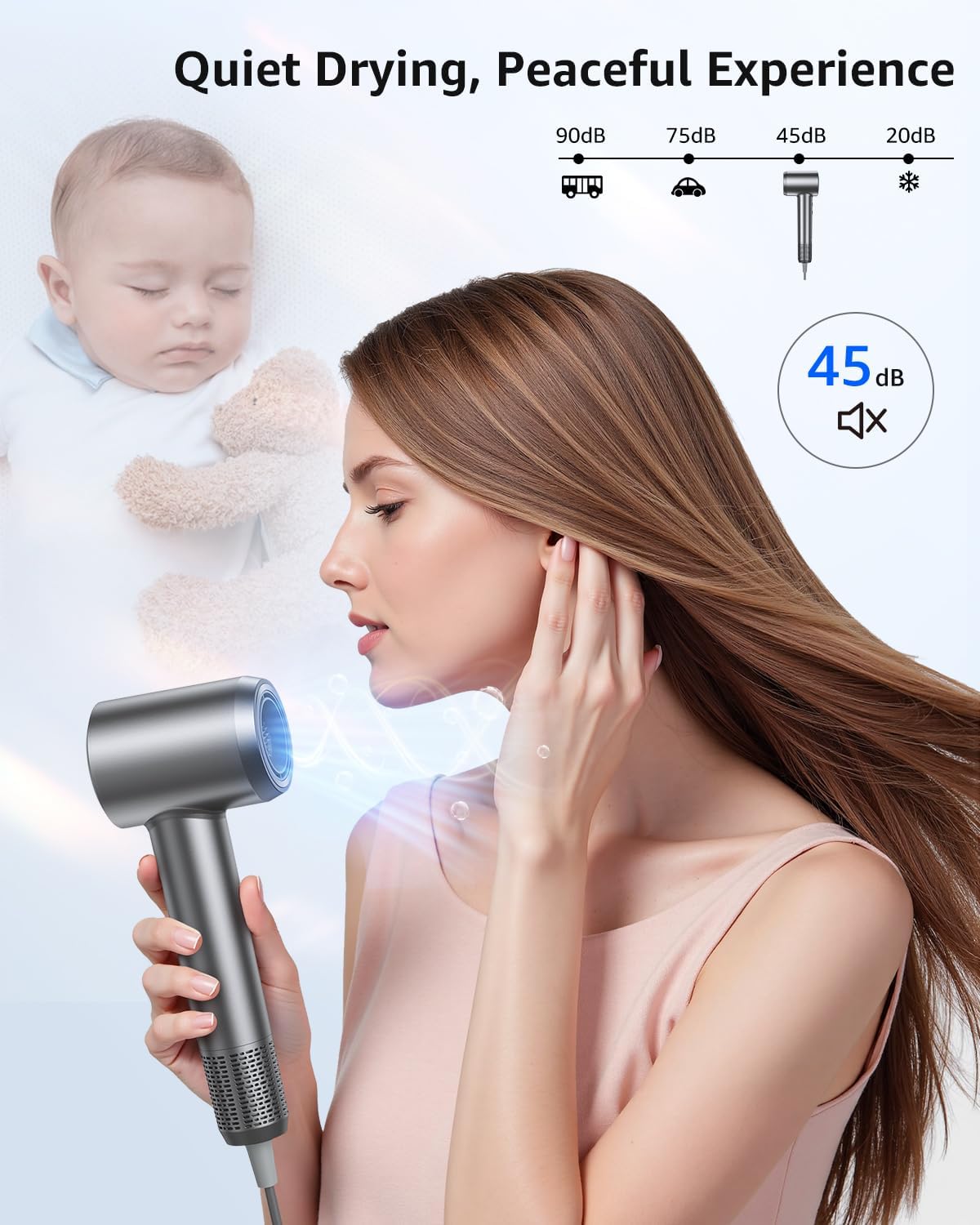 Hair Dryer, 160000 RPM High-Speed Ionic Blow Dryer Portable Professional Lightweight Hair Dryers with 200 Million Negative Ions, Fast-Drying, Quiet Hair Dryer with Nozzle for Travel, Home, Salon(HF03) - Image 6