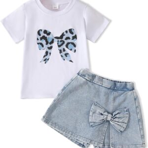 Azmxynol Kid Girls Clothes Outfits Bowknot T-Shirt + 2 In 1 Denim Short Skort Summer Clothing Set, Size 4-10 Years