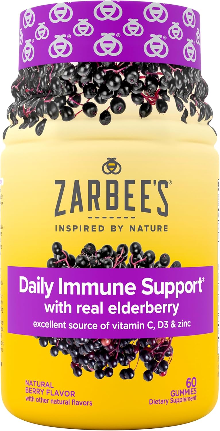 Zarbee’s Daily Immune Support* Gummies with Real Elderberry, Vitamins A, C, D3, E, Zinc, Antioxidants and Flavonoids, No Artificial Sweeteners or HFCS, Suitable for Ages 12 and Up, 60 Count Bottle