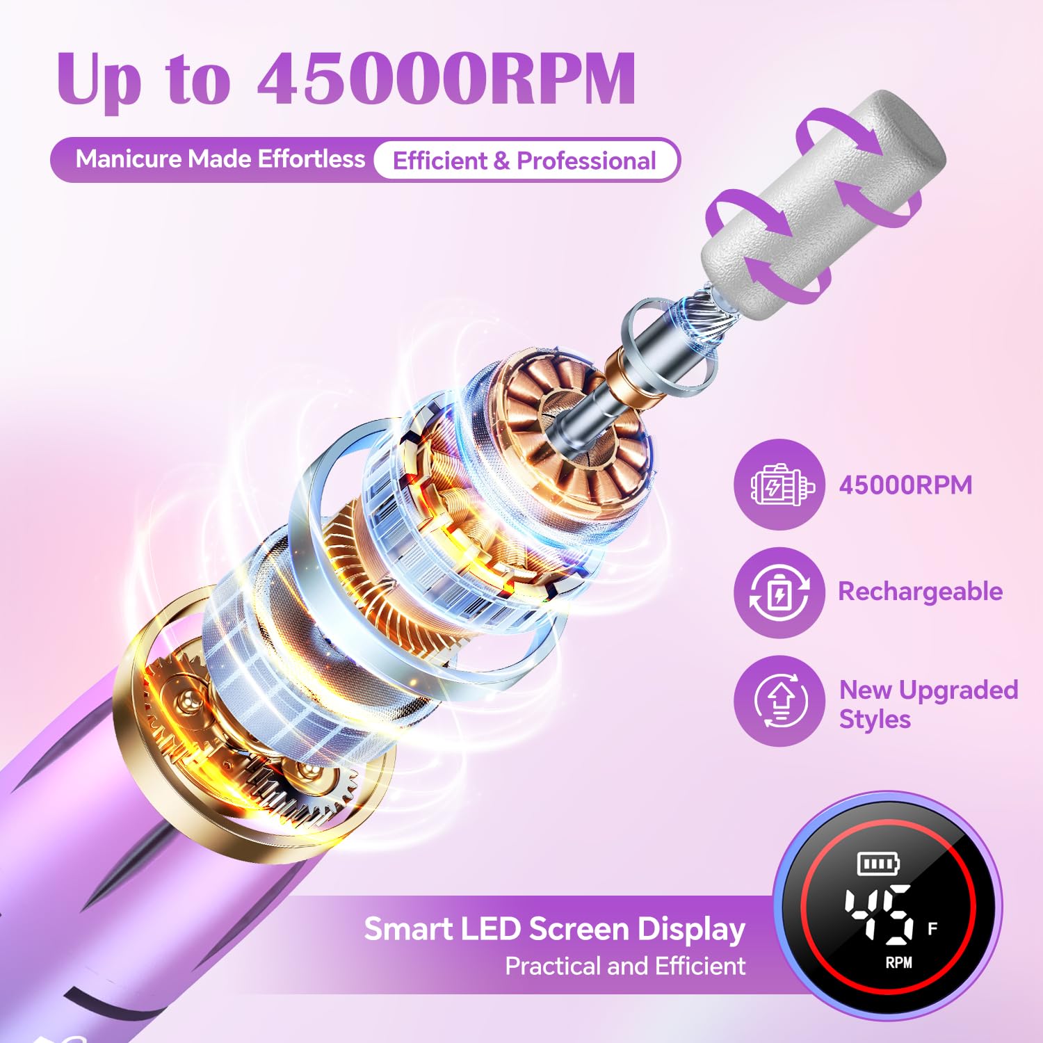 Nail Drill Professional, 45000 RPM Rechargeable Electric Nail File Kit for Acrylic & Gel Nails, Portable Manicure Pedicure Tool for DIY Home or Salon, with 11 Nail Drill Bits & Sanding Band Set - Image 2