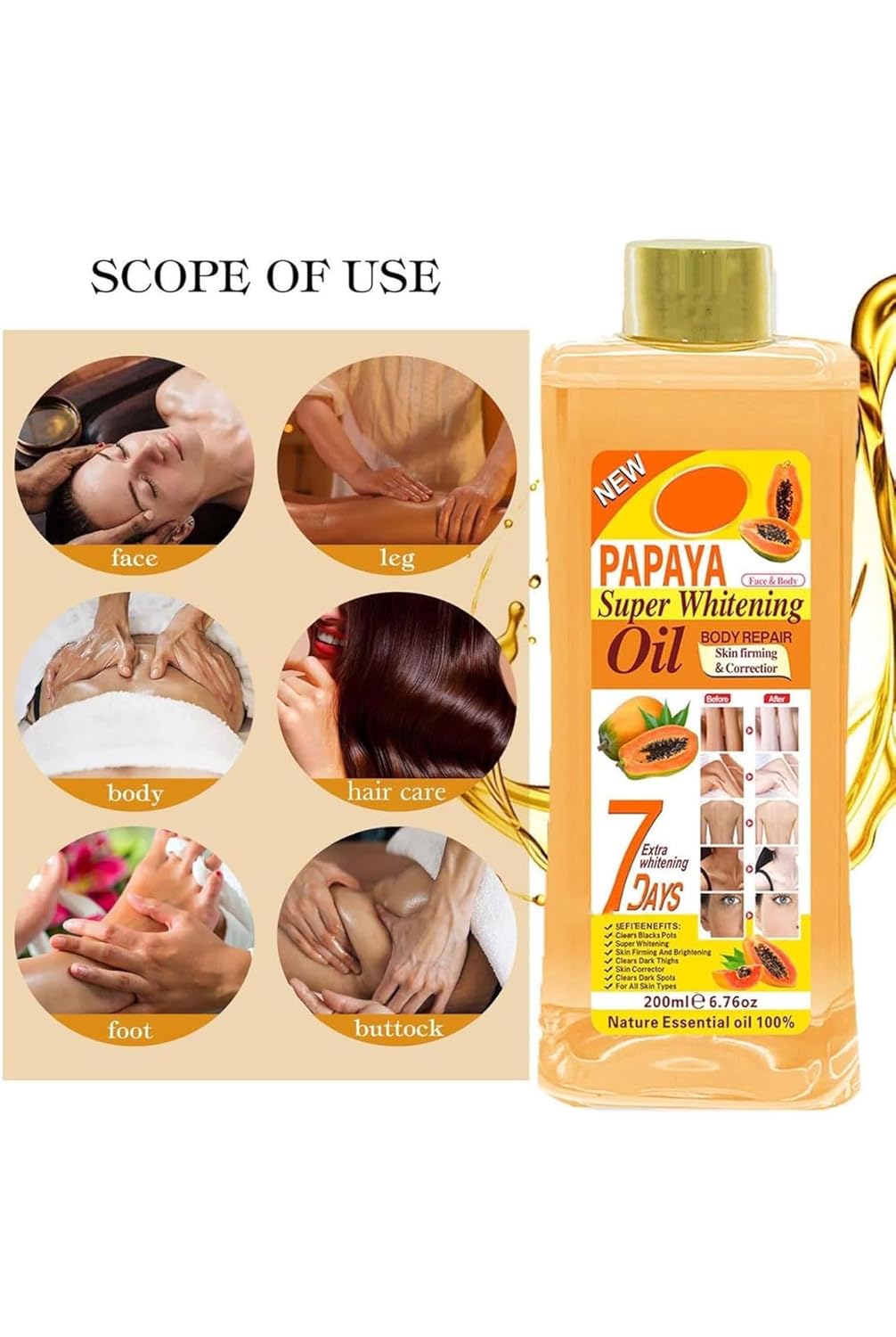 Soft 7 papaya Oil, Natural Moisturizing Oil for Face and Body, All Skin Types 6.7oz /200ml - Image 6