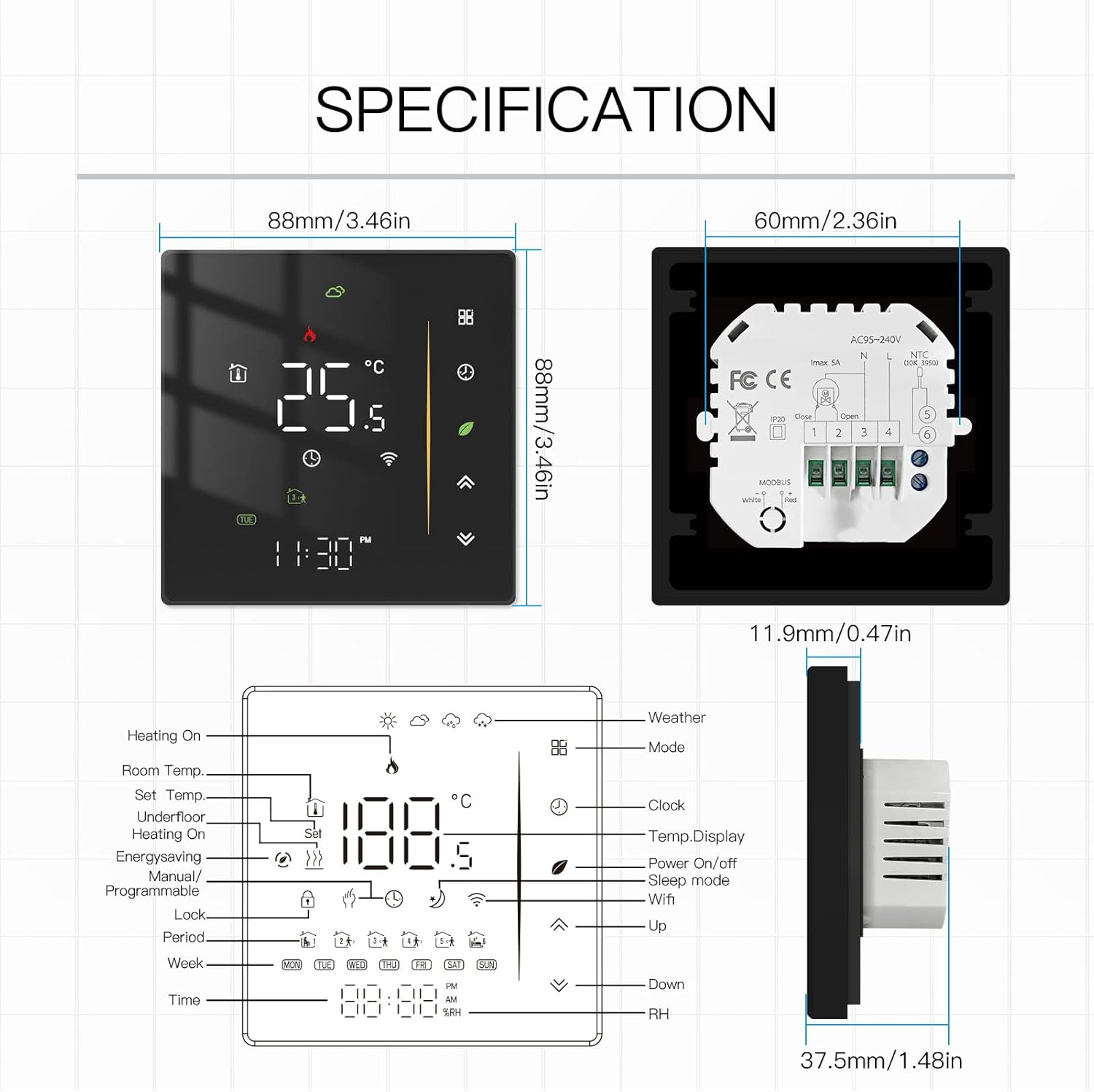 Smart Thermostat, Smart Thermostat Professional WIFI Programmable APP Control Energy Saving Flame Retardant Home Thermostat 95 to, Programmable - Image 7