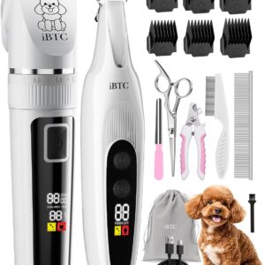 iBTC Professional Dog Grooming Kit at Home: All-in-One Quiet Clippers & Nail Grinder with LED Light, Cordless Dog Shaver, Safe Poodle Grooming Kit for Paws, Face, Ears & Body（White Combination）