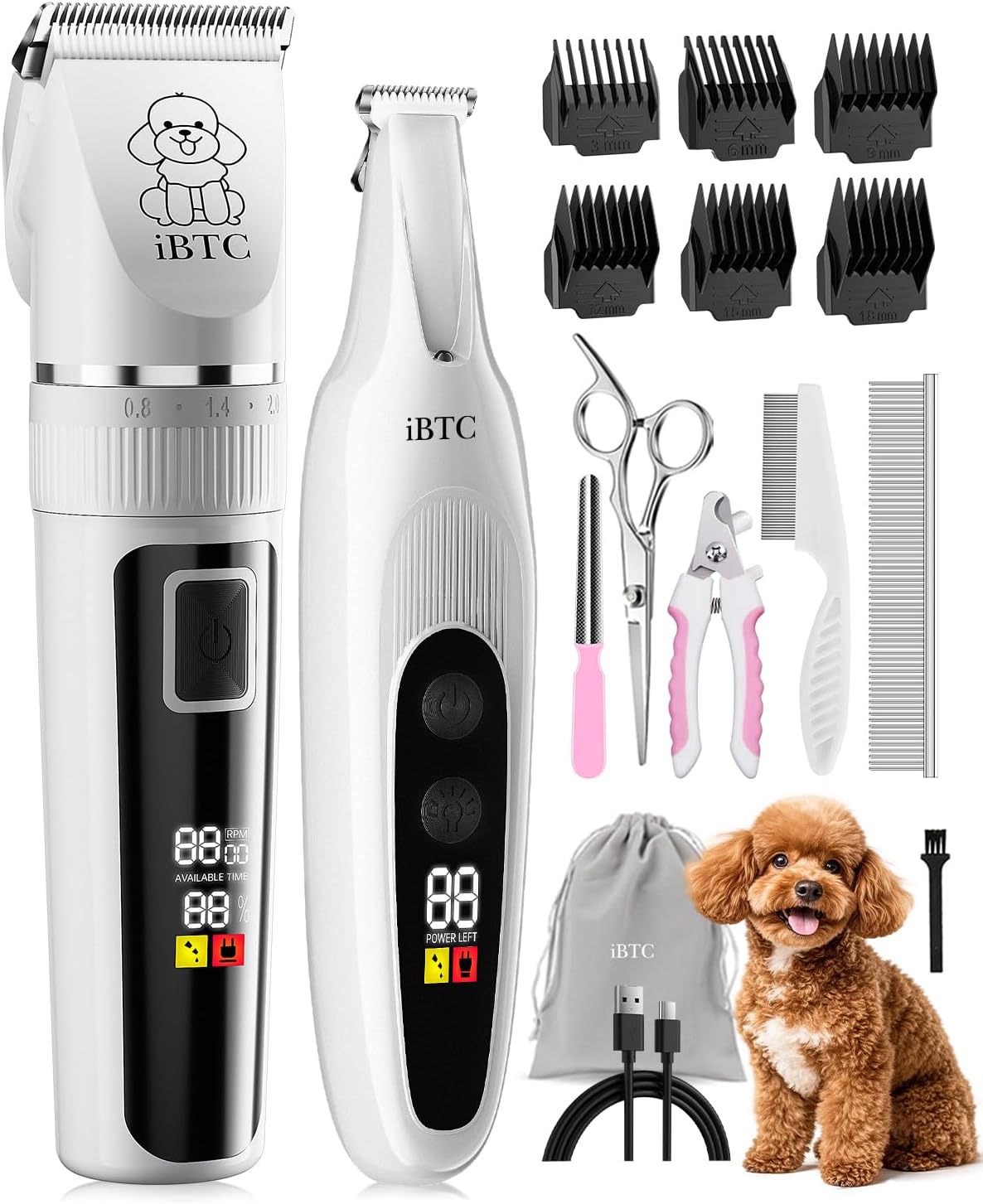 iBTC Professional Dog Grooming Kit at Home: All-in-One Quiet Clippers & Nail Grinder with LED Light, Cordless Dog Shaver, Safe Poodle Grooming Kit for Paws, Face, Ears & Body(White Combination)