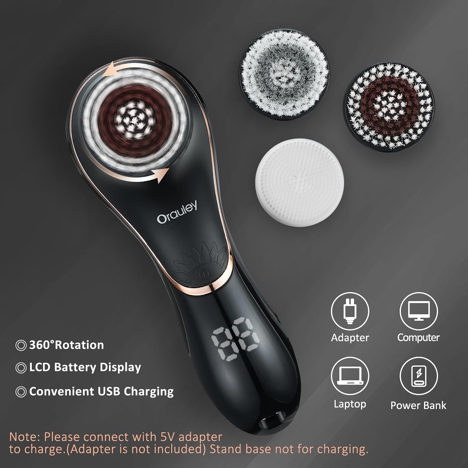 Facial Cleansing Brush, Electric Face Scrubber Rechargeable Exfoliator IPX-7 Waterproof Rotating Cleanser for Exfoliating, Massaging and Deep Cleansing for Women & Men with 4 Brush Heads Black - Image 4