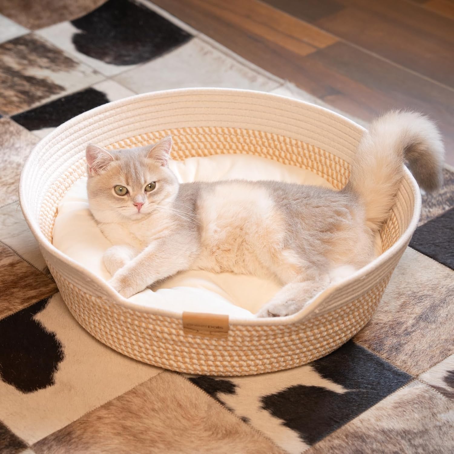 CHEERHOME PETS Cat Bed Basket with Cushion, Cotton Rope Woven Pet Bed for Indoor Cats Couch, Stimulicat Cat Bed Handwoven Breathable, All Season Universal (White) - Image 7