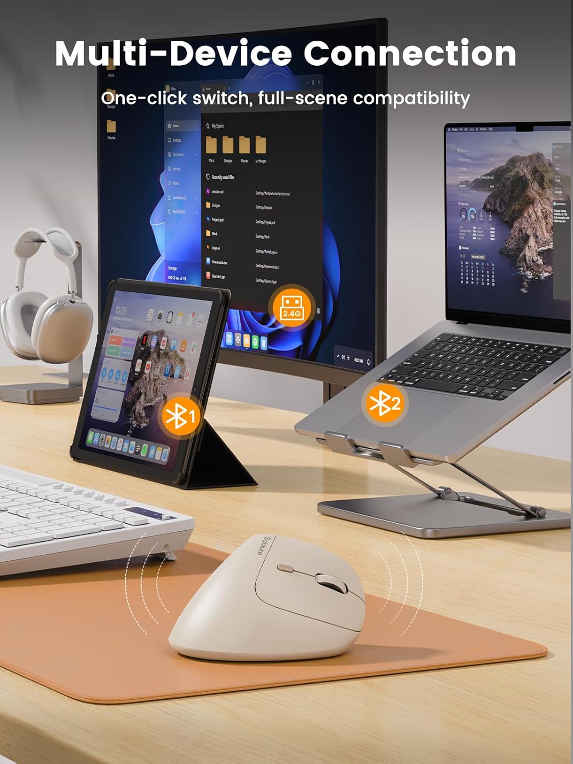 SABLUTE MAM3 Ergonomic Mouse, Rechargeable Wireless Vertical Mouse with 4 Adjustable DPI for Small/Medium Hands, Dual-Device Connectivity for Computer/PC/Laptop,Bluetooth Mouse for Window,Mac OS,Beige - Image 4