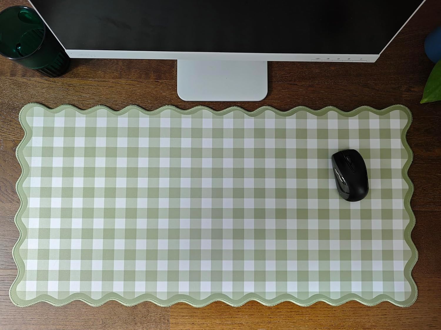 Scalloped Green Checkered Desk Mat Cute Pastel Large Gaming Mouse Pad Gingham Kawaii Cottagecore Vintage Girly Keyboard Computer Mat Aesthetic Desk Pad Accessories Office Decor for Women - Image 6