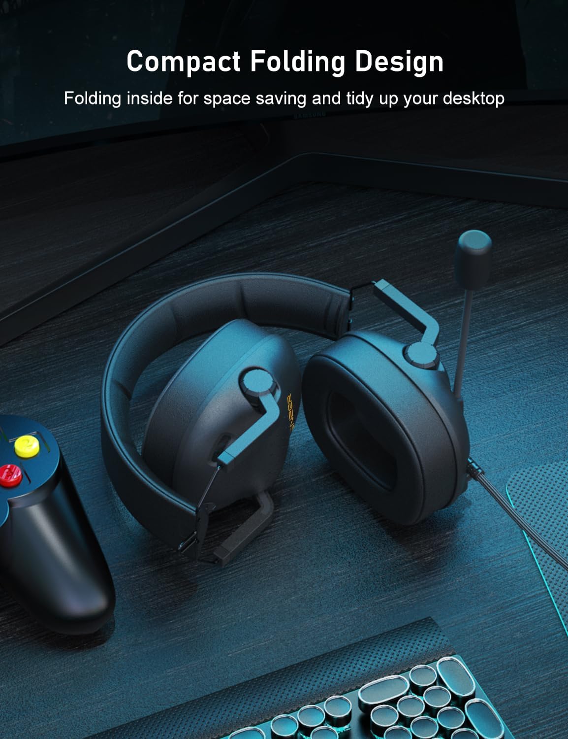 SENZER SG500 Surround Sound Pro Gaming Headset with Noise Cancelling Microphone - Soft Memory Foam Padding - Portable Foldable Headphones for PC, PS4, PS5, Xbox One, Switch - Black - Image 3