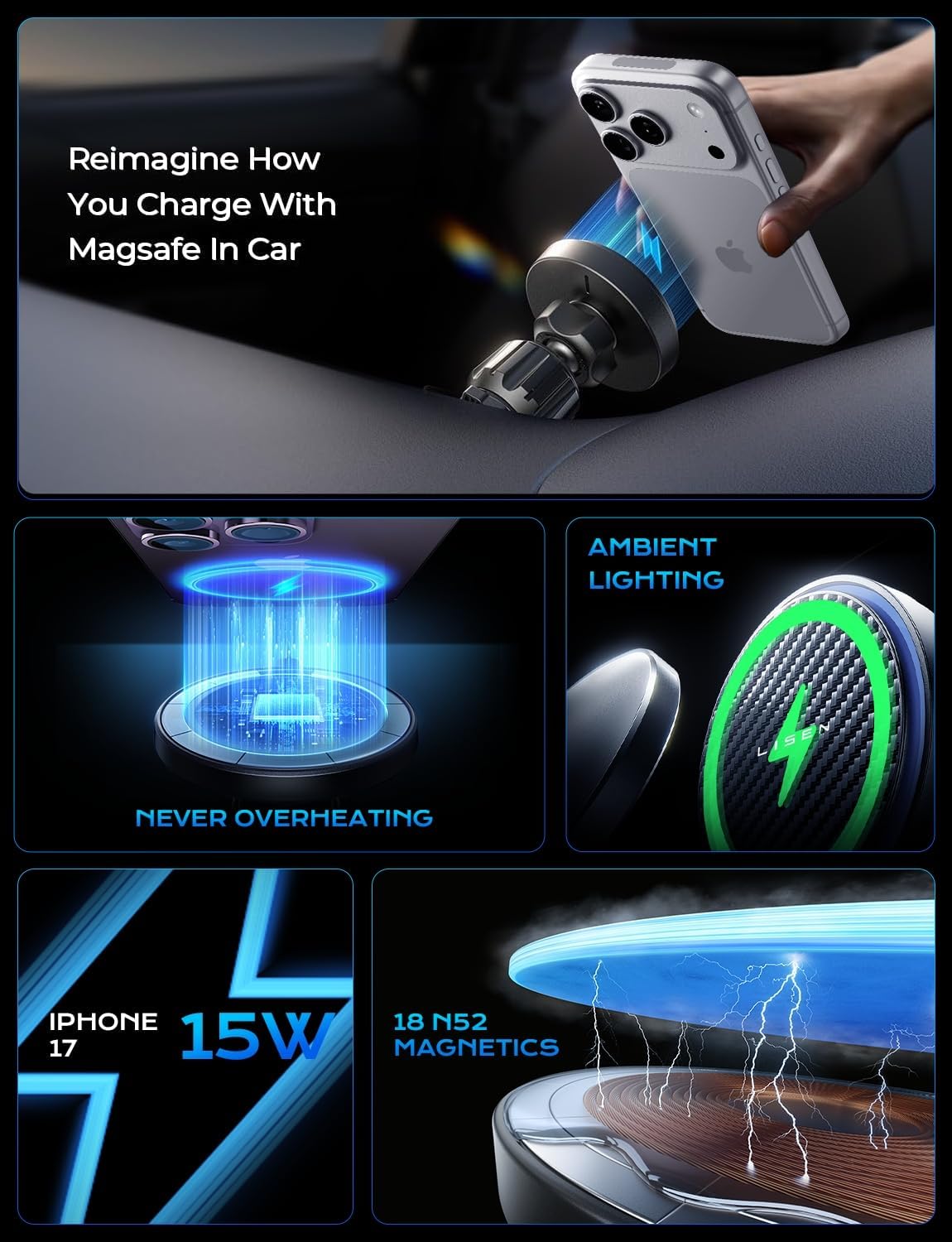 LISEN for 15W MagSafe Car Mount Charger,Wireless Car Charger,Magnetic Phone Holder for Car,Phone Holders for Your Car Accessories for Women Men Jeep Ford F150 for iPhone 17 16 15 14 13 12,Samsung - Image 5