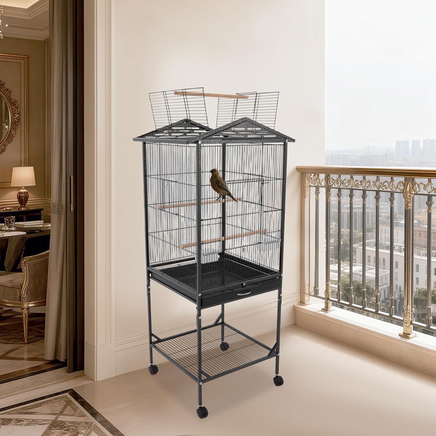 Extra Large Bird Cage, 49Inch Wrought Iron Bird Cage 360° Full Hollow Design with Universal Wheels for Parakeets Canaries Cockatiels Lovebirds 18.11×18.11×49.21 Inch (Black) - Image 2