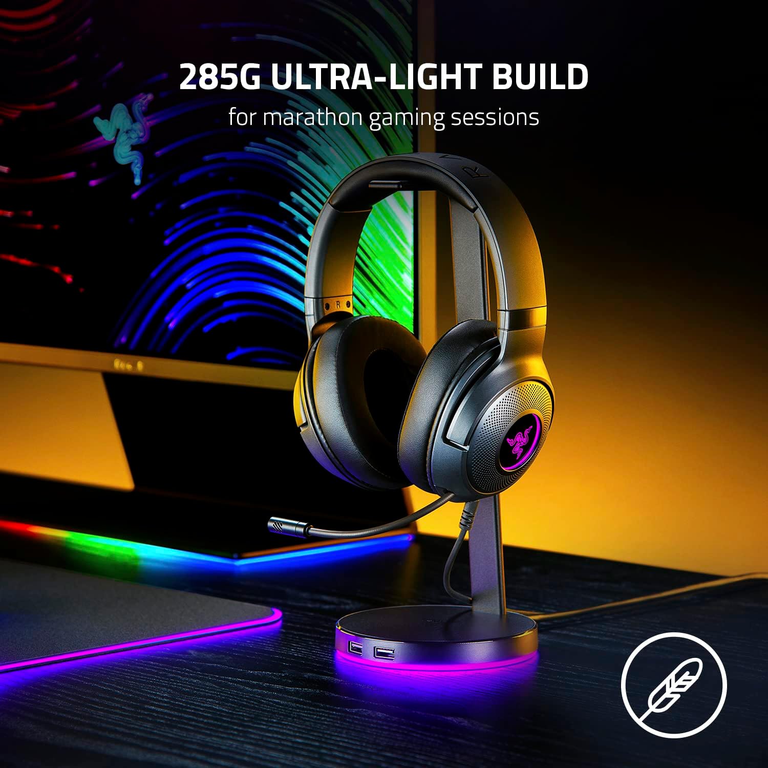 Razer Kraken V3 X Wired USB Gaming Headset: Lightweight Build - Triforce 40mm Drivers - HyperClear Cardioid Mic - 7.1 Surround Sound - Chroma RGB Lighting - Black - Image 2