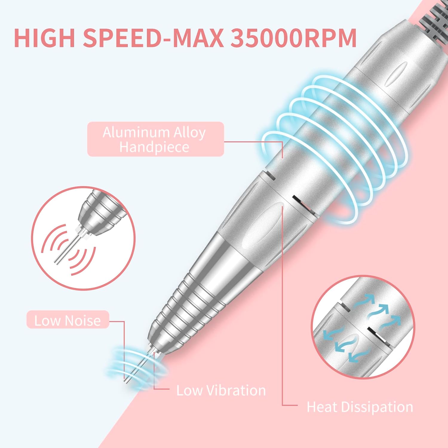 MOCOWIND Portable Nail Drill Professional 35000 RPM, Rechargeable Electric Nail File Machine Cordless E-File for Acrylic Gel Polishing Removing with Bits Kit for Manicure Salon Home, Pink - Image 4
